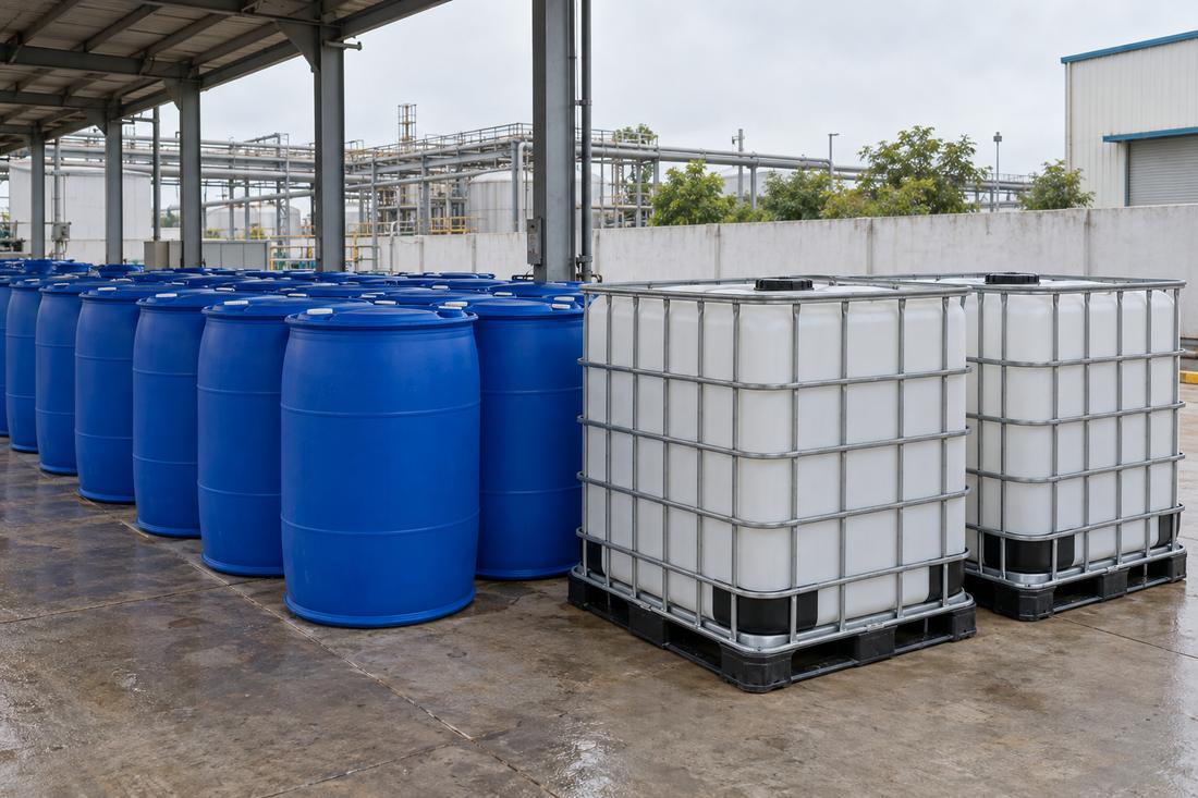 Blue chemical drums and IBC totes in a covered yard