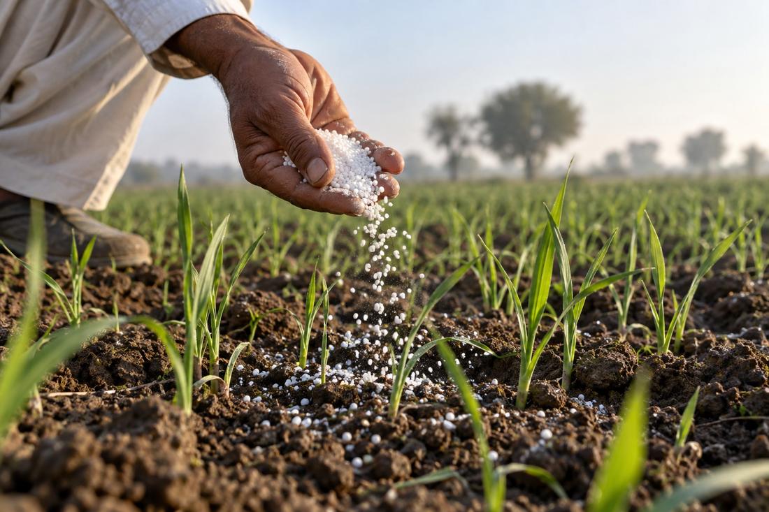 Farmer scattering white granules onto soil between young wheat plants