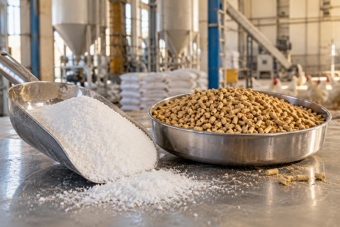 White mineral powder in a scoop beside poultry feed pellets