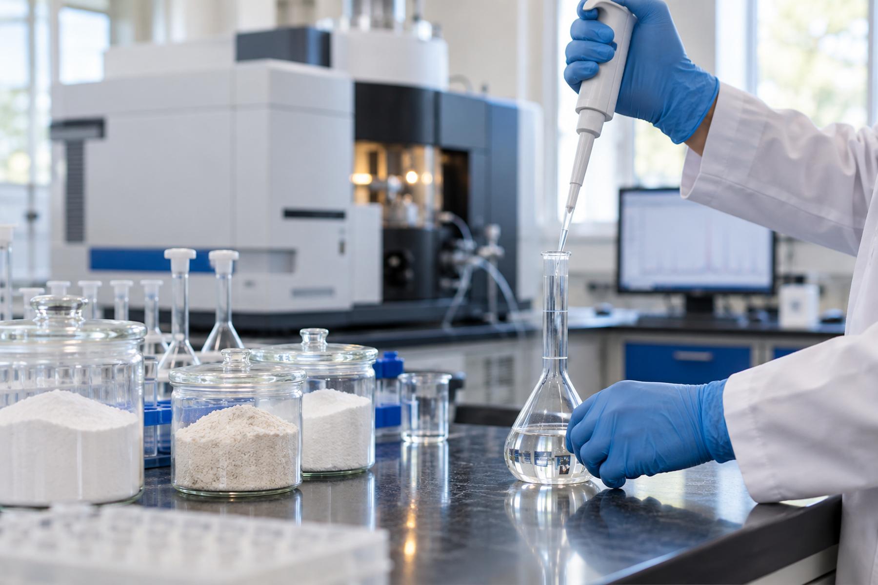 Gloved hands pipetting a sample next to an elemental analysis instrument