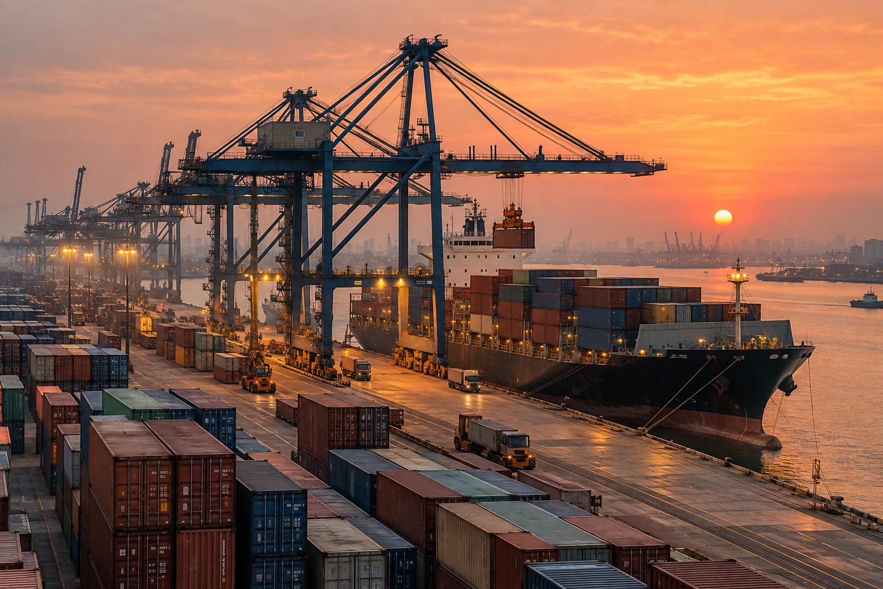 Container port with gantry cranes loading a ship at sunset