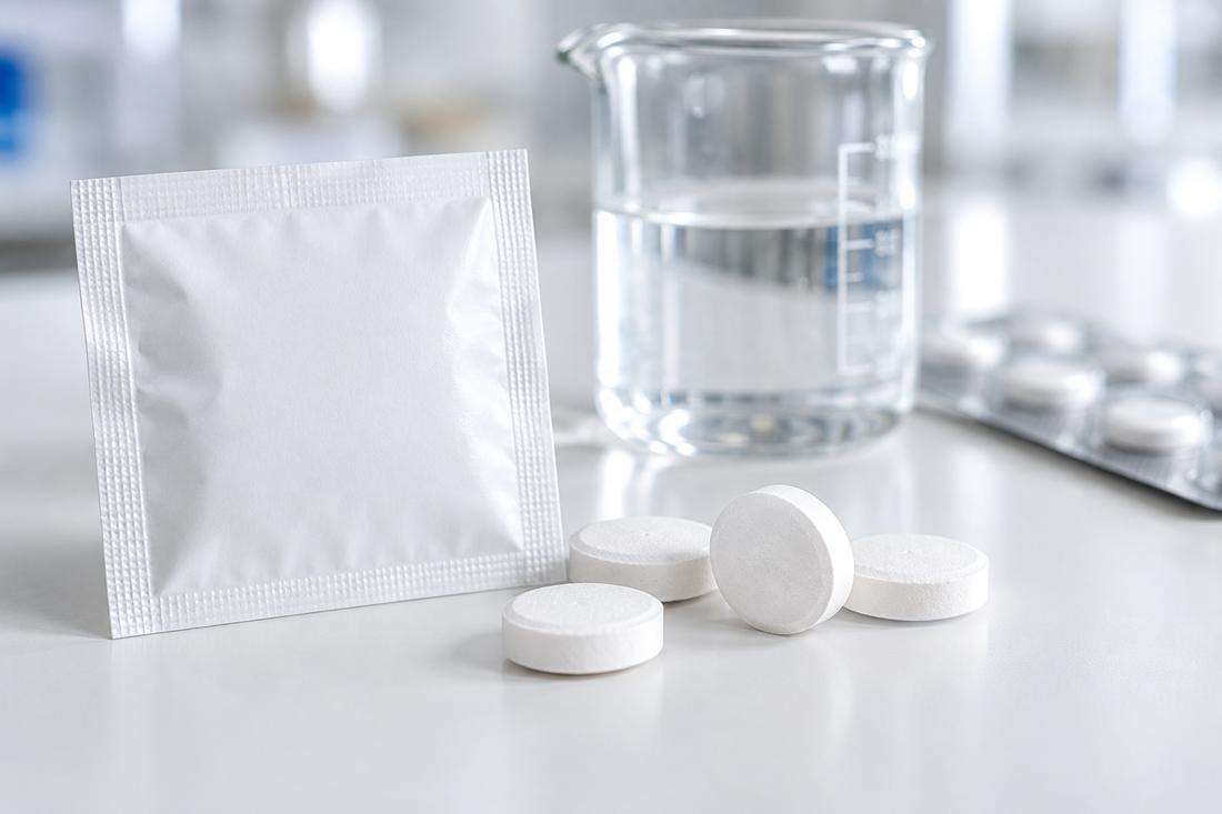 White tablets and an unprinted sachet beside a beaker