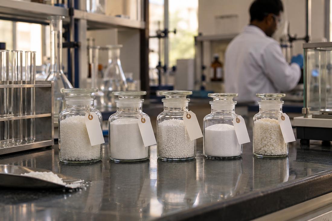 Sample jars of granules and powder on a lab bench