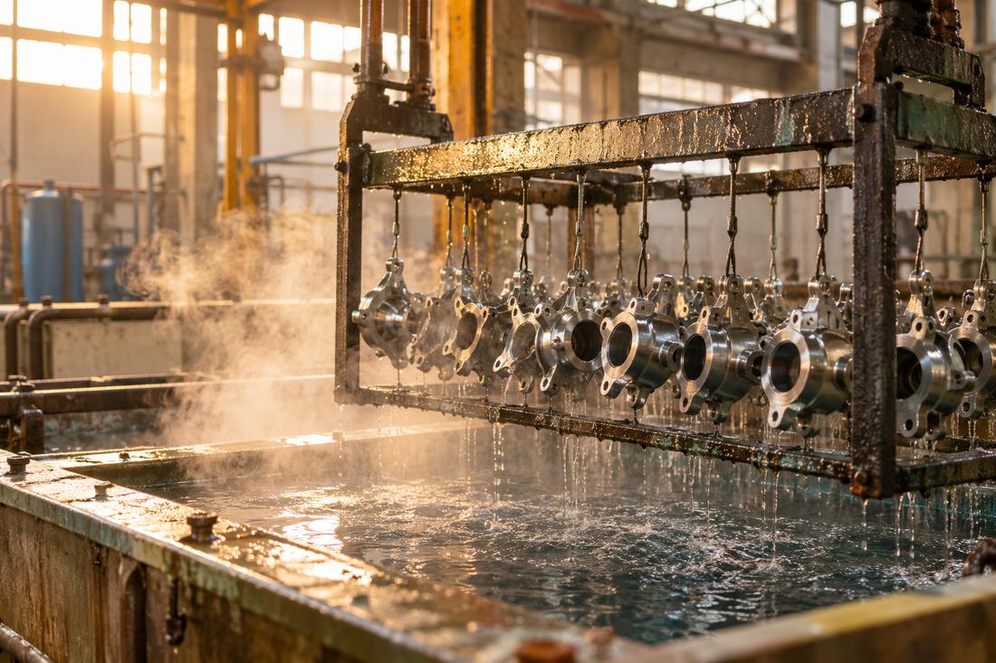 Steel parts lifted from a steaming galvanizing tank